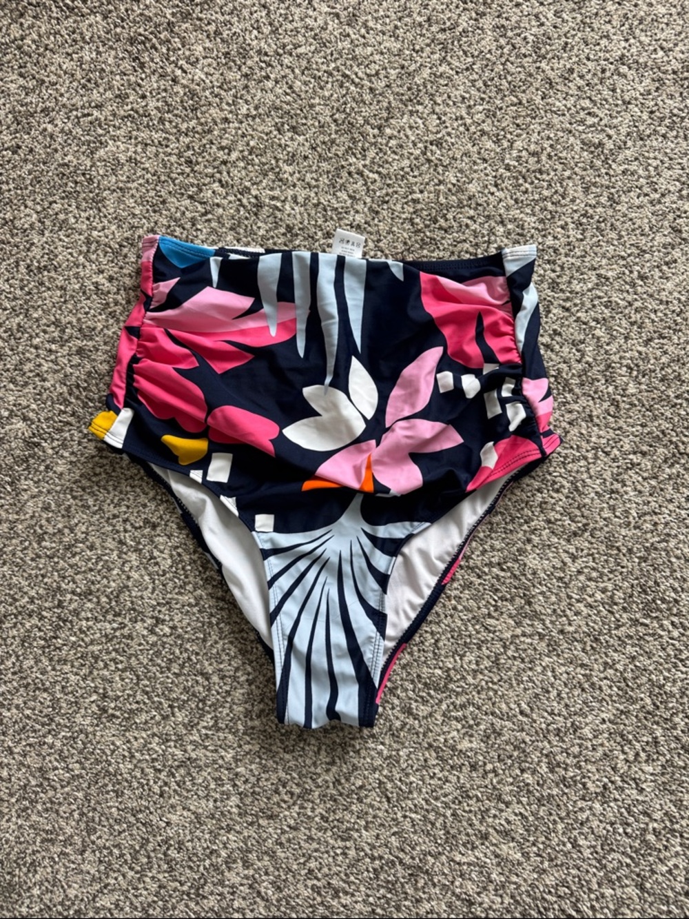 High-Waist Ruched Floral Bikini Bottoms in Navy and Pink NWOT